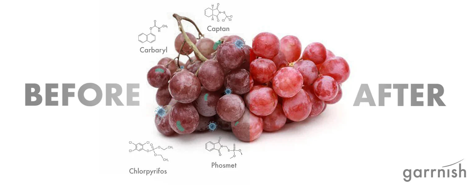 Before and after washing produce with Garrnish