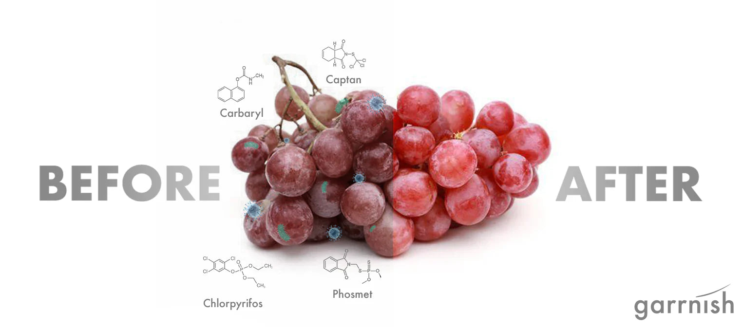 Before and after washing produce with Garrnish